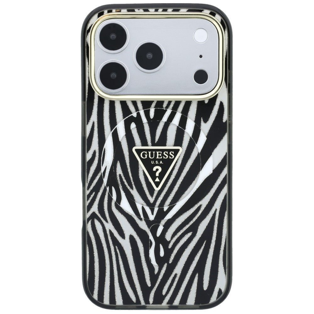 MagSafe-hoesje voor Apple iPhone 18 Pro / 17 Pro, Guess, Zebra Glitter Driehoek Logo, Zilver