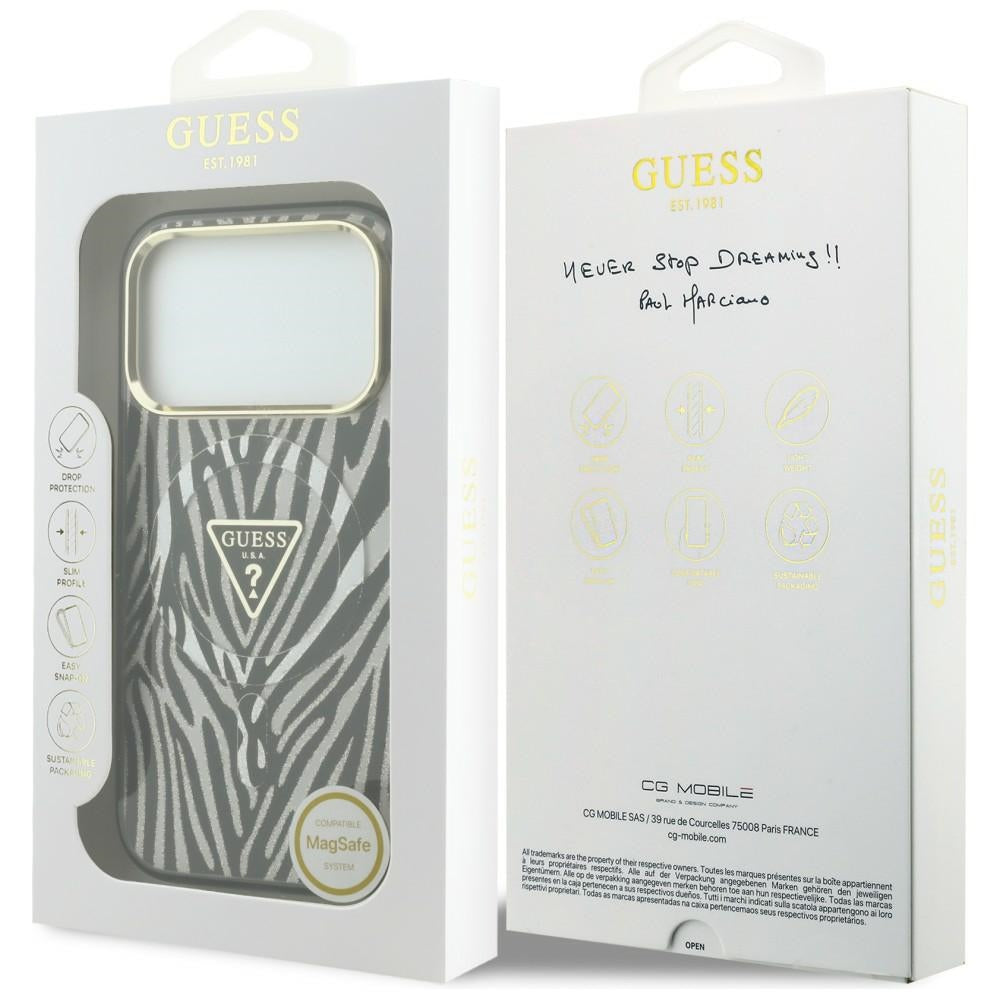 MagSafe-hoesje voor Apple iPhone 18 Pro / 17 Pro, Guess, Zebra Glitter Driehoek Logo, Zilver