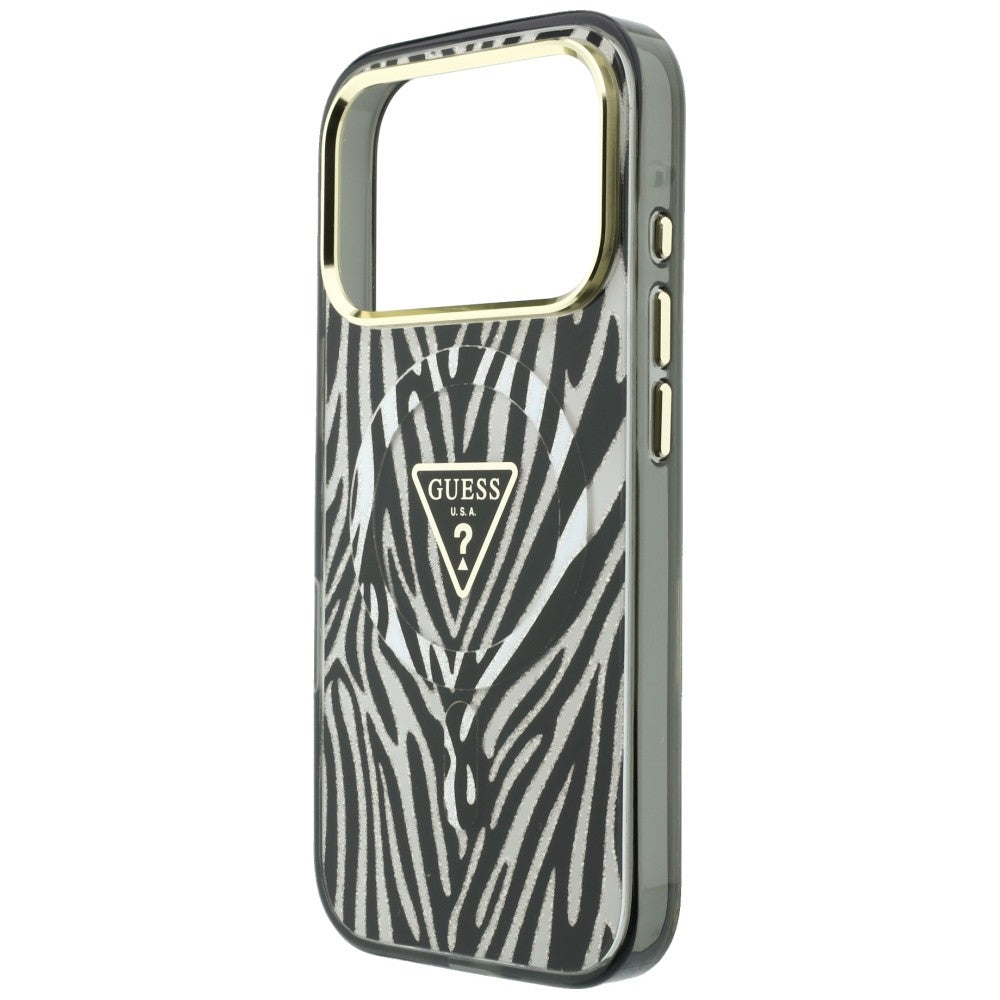 MagSafe-hoesje voor Apple iPhone 18 Pro / 17 Pro, Guess, Zebra Glitter Driehoek Logo, Zilver
