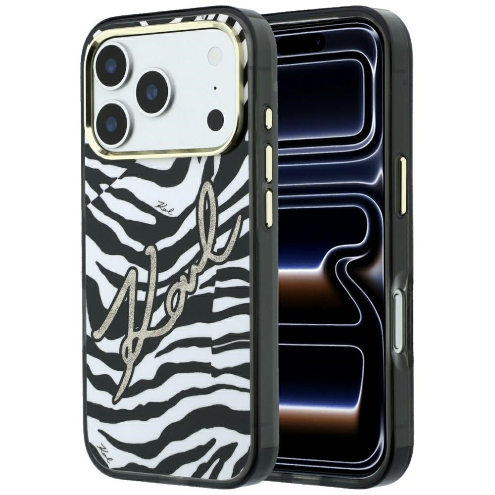 MagSafe-Hülle für Apple iPhone 18 Pro / 17 Pro, Karl Lagerfeld, HC IML Signature Zebra Glitter Gold, Schwarz