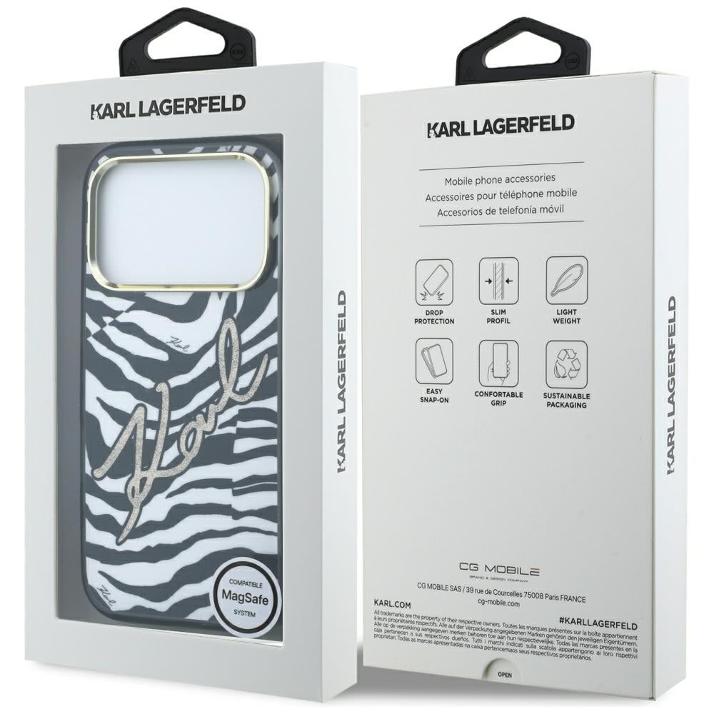 MagSafe-Hülle für Apple iPhone 18 Pro / 17 Pro, Karl Lagerfeld, HC IML Signature Zebra Glitter Gold, Schwarz
