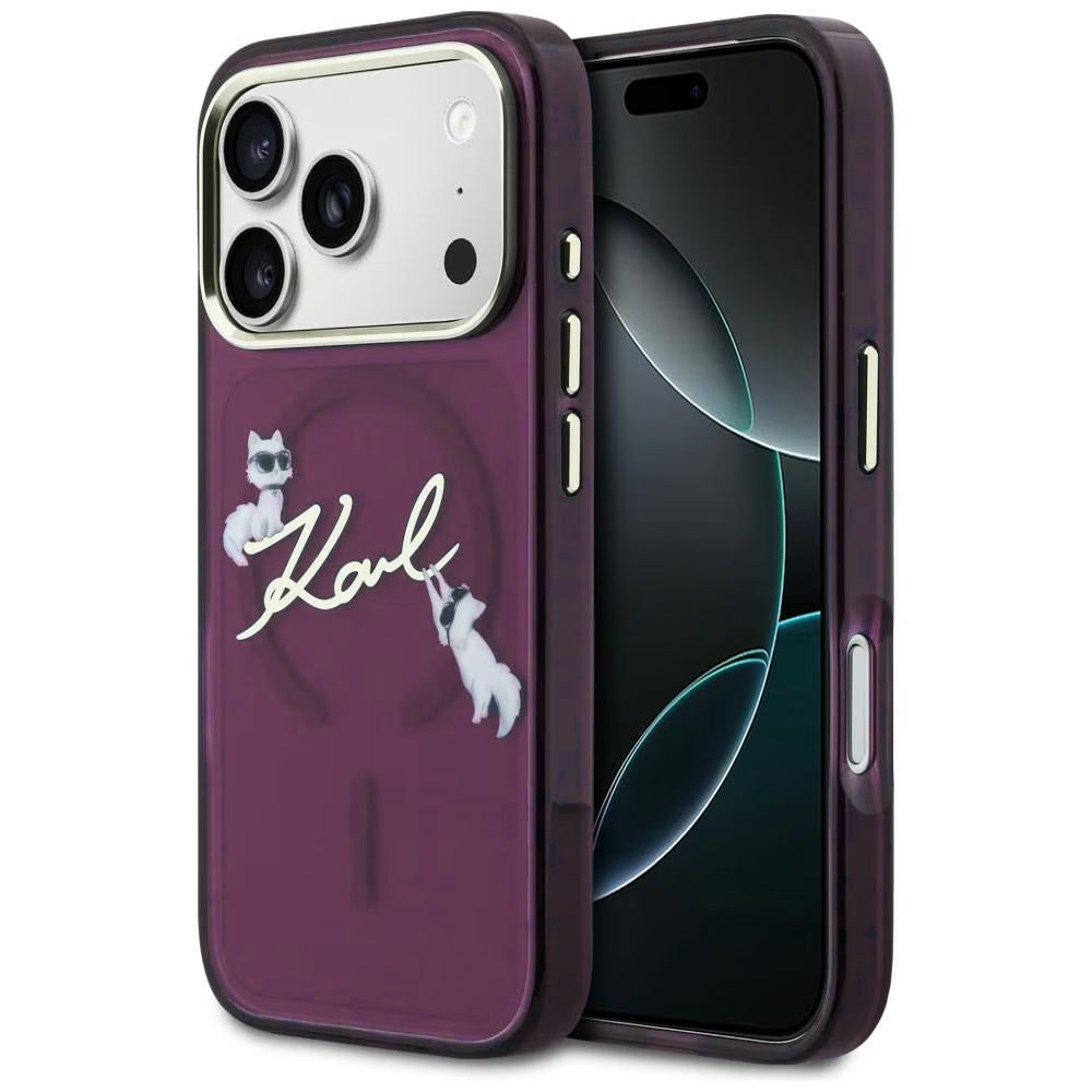 MagSafe-hoesje voor Apple iPhone 18 Pro / 17 Pro, Karl Lagerfeld, IML Choupette Karl Script Logo, Bordeaux