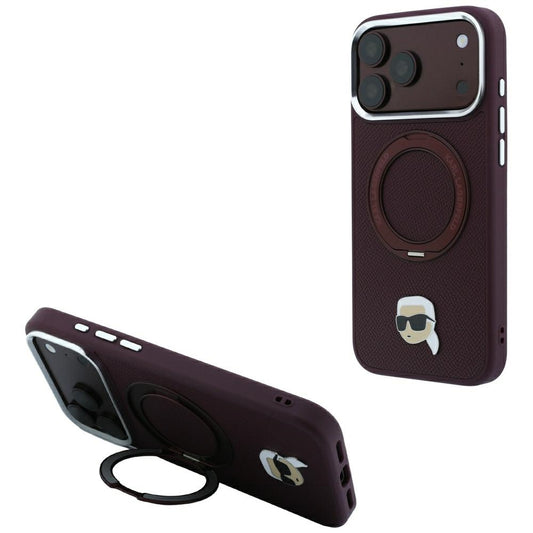 Coque MagSafe pour Apple iPhone 18 Pro / 17 Pro, Karl Lagerfeld, Ring Stand 360 Karl Pin, Bordeaux