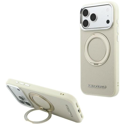 MagSafe-Hülle für Apple iPhone 18 Pro / 17 Pro, Karl Lagerfeld, Ring Stand 360 Saffiano, Beige