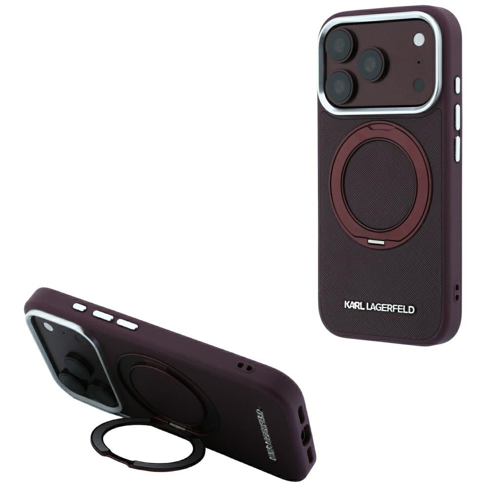 MagSafe-hoesje voor Apple iPhone 18 Pro / 17 Pro, Karl Lagerfeld, Ring Stand 360 Saffiano, bordeauxrood