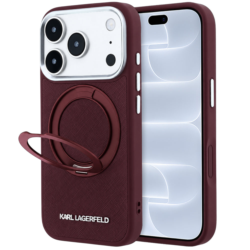 MagSafe-hoesje voor Apple iPhone 18 Pro / 17 Pro, Karl Lagerfeld, Ring Stand 360 Saffiano, bordeauxrood
