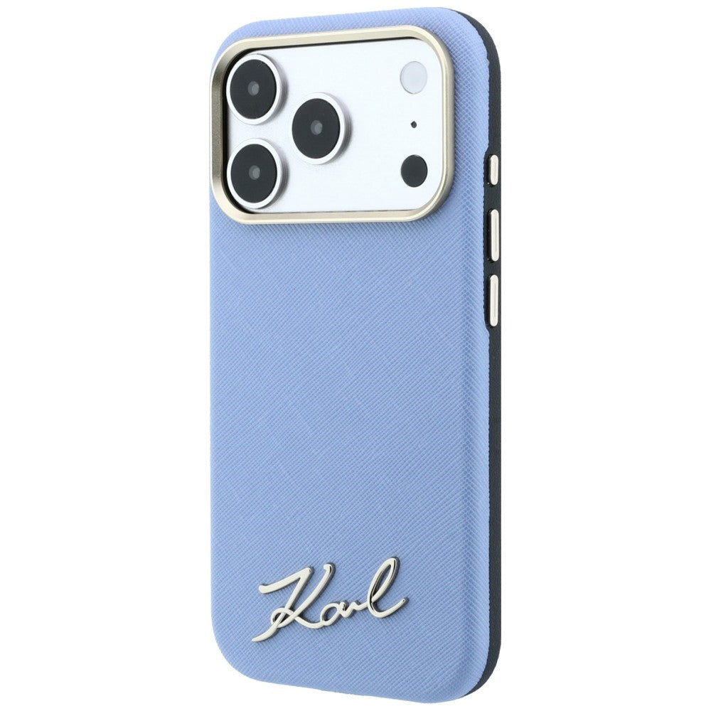 MagSafe-hoesje voor Apple iPhone 18 Pro / 17 Pro, Karl Lagerfeld, Saffiano Small Script Metal Logo, Blauw