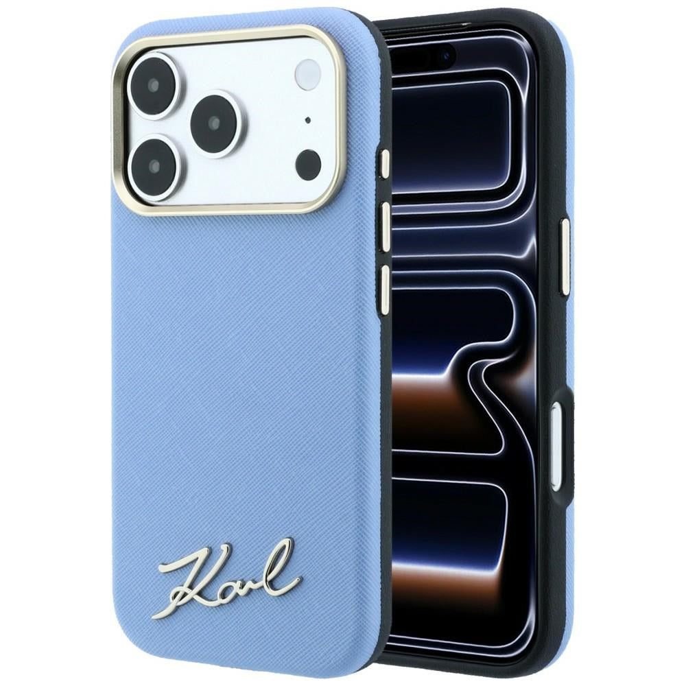 MagSafe-hoesje voor Apple iPhone 18 Pro / 17 Pro, Karl Lagerfeld, Saffiano Small Script Metal Logo, Blauw