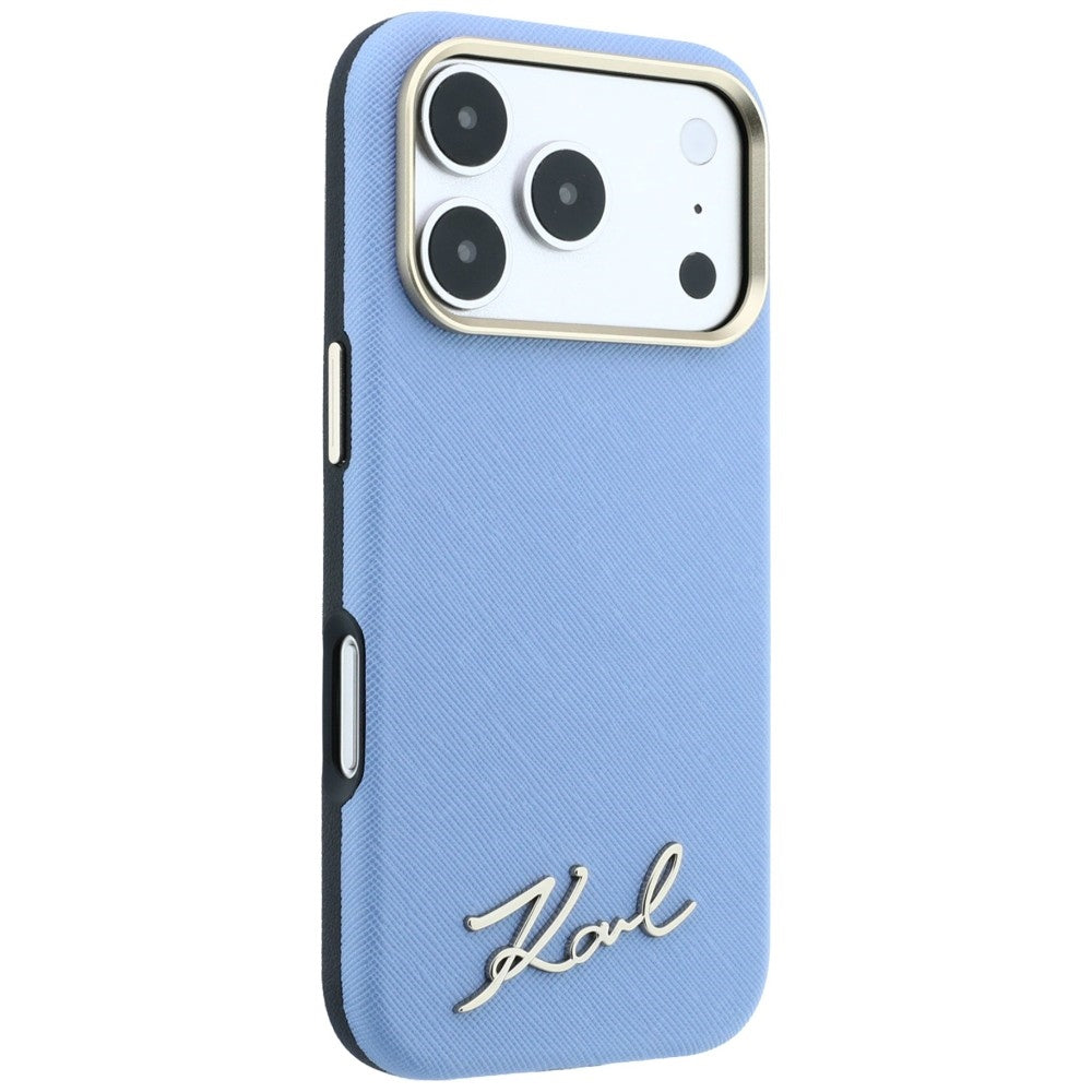 MagSafe-hoesje voor Apple iPhone 18 Pro / 17 Pro, Karl Lagerfeld, Saffiano Small Script Metal Logo, Blauw