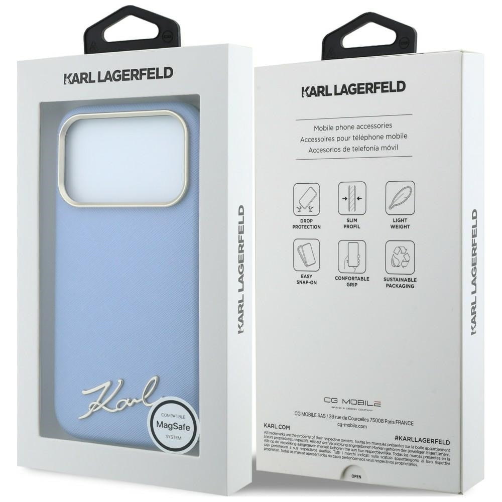MagSafe-hoesje voor Apple iPhone 18 Pro / 17 Pro, Karl Lagerfeld, Saffiano Small Script Metal Logo, Blauw