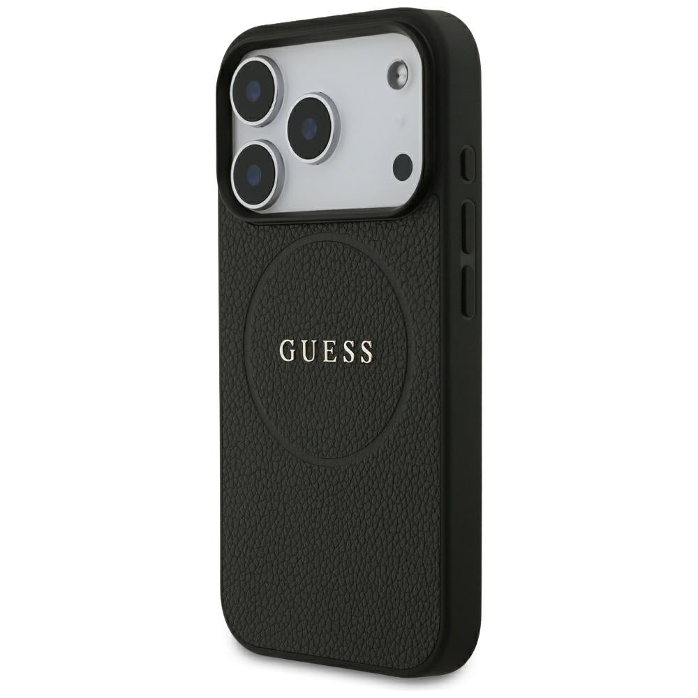 Coque MagSafe pour Apple iPhone 18 Pro Max / 17 Pro Max, Guess, Anneau Doré Grainé, Noire