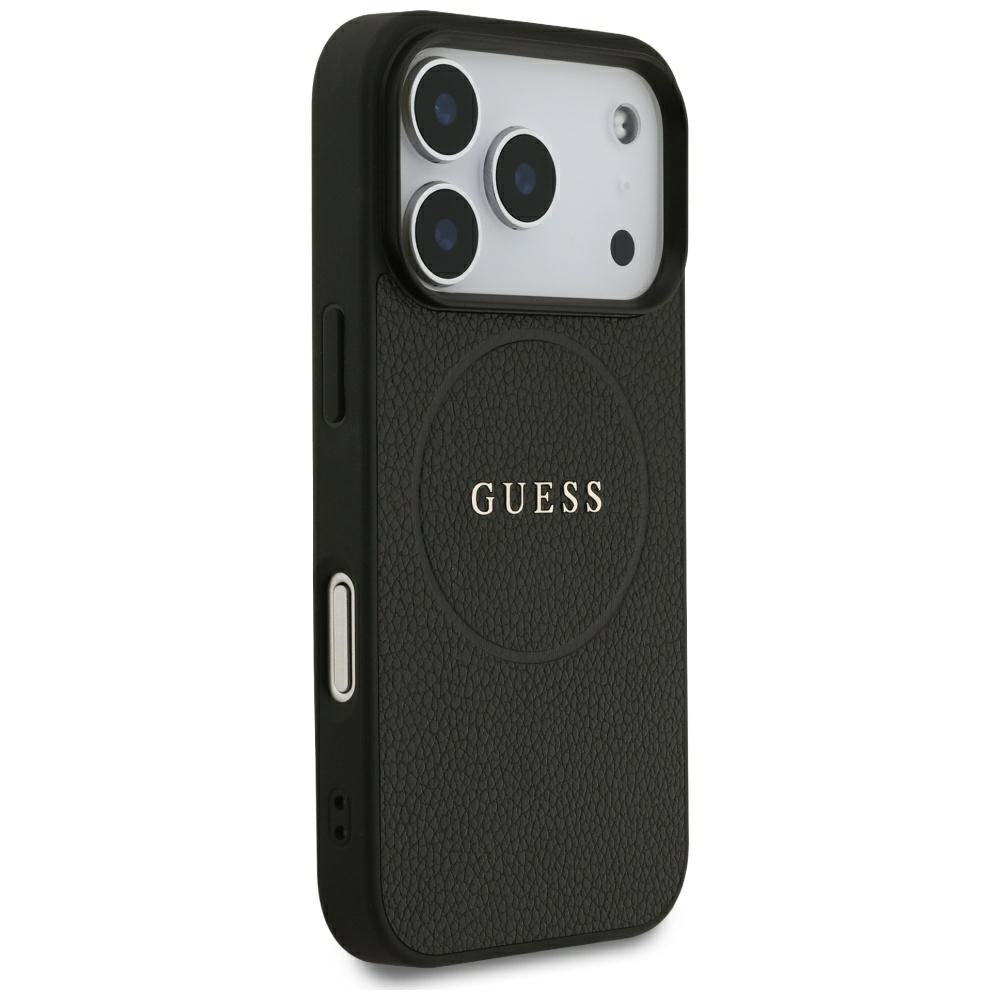 Coque MagSafe pour Apple iPhone 18 Pro Max / 17 Pro Max, Guess, Anneau Doré Grainé, Noire