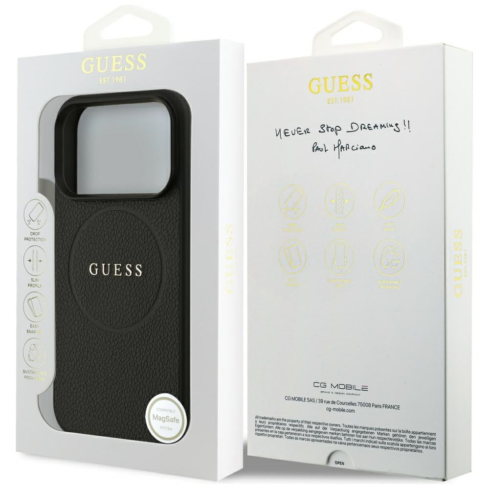 Coque MagSafe pour Apple iPhone 18 Pro Max / 17 Pro Max, Guess, Anneau Doré Grainé, Noire