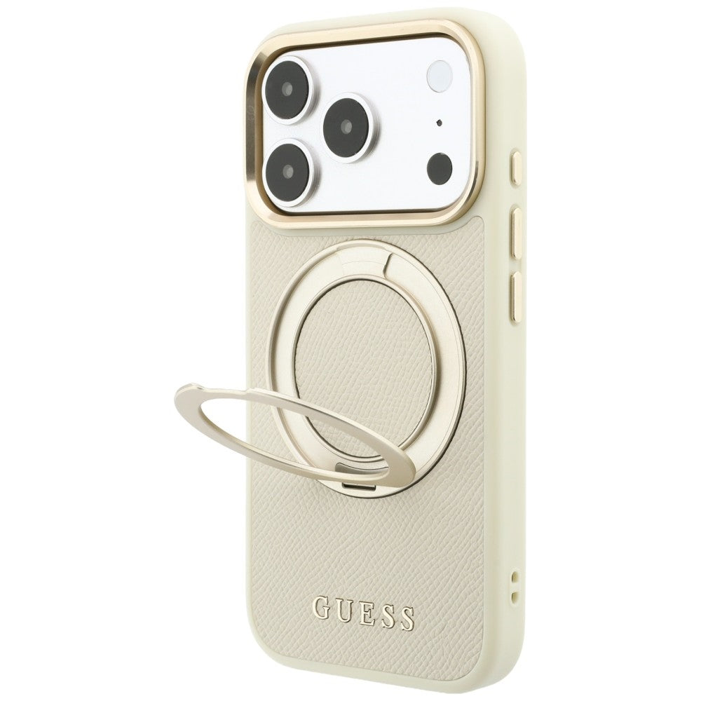 MagSafe Case for Apple iPhone 18 Pro Max / 17 Pro Max, Guess, Grained Ring Stand 360 Classic, Beige