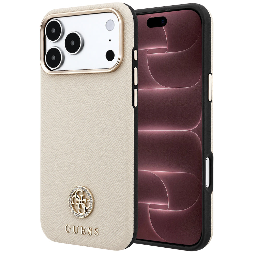 Coque MagSafe pour Apple iPhone 18 Pro Max / 17 Pro Max, Guess, Logo Strass Rond Grainé, Beige