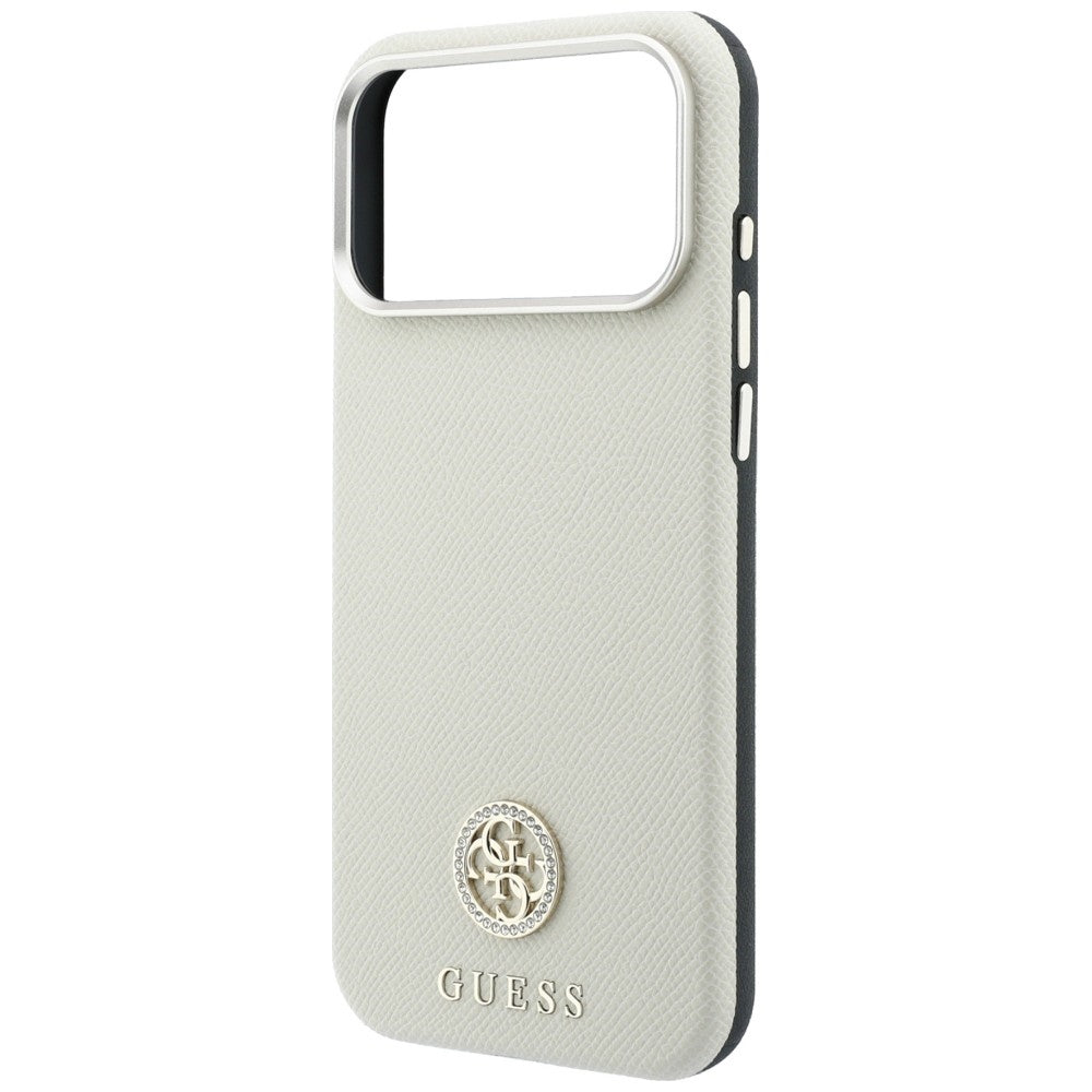 Coque MagSafe pour Apple iPhone 18 Pro Max / 17 Pro Max, Guess, Logo Strass Rond Grainé, Beige