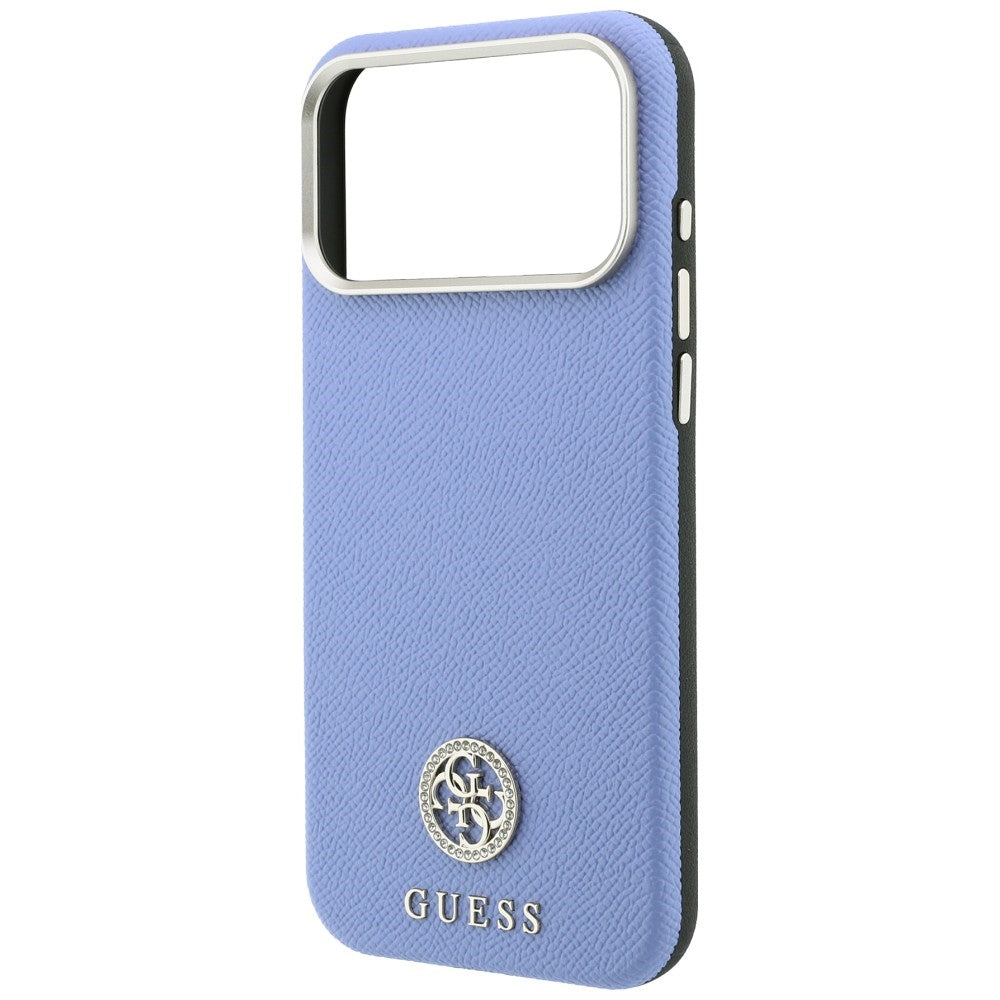 Coque MagSafe pour Apple iPhone 18 Pro Max / 17 Pro Max, Guess, Logo Strass Rond Grainé, Bleu