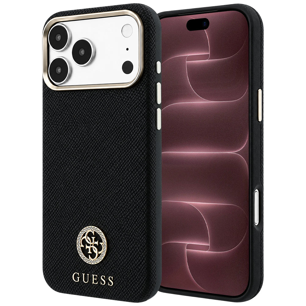 Coque MagSafe pour Apple iPhone 18 Pro Max / 17 Pro Max, Guess, Logo Strass Rond Granulé, Noire