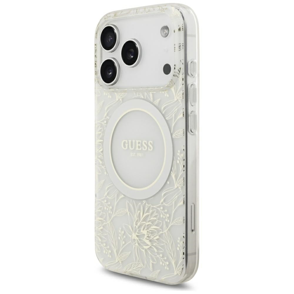 MagSafe Case for Apple iPhone 18 Pro Max / 17 Pro Max, Guess, IML Flowers Electroplated with Pearl Strap, White