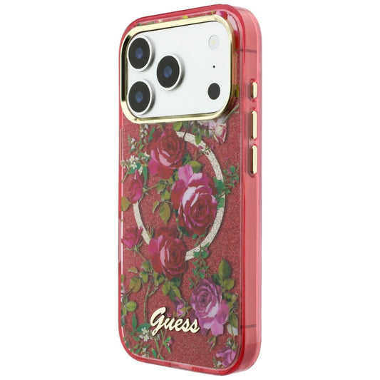 Coque MagSafe pour Apple iPhone 18 Pro Max / 17 Pro Max, Guess, IML Glitter Blossom Roses, Bordeaux