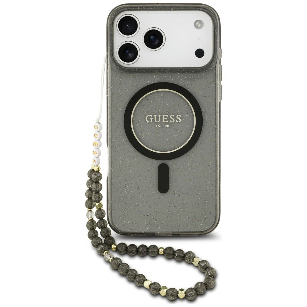 MagSafe-Hülle für Apple iPhone 18 Pro Max / 17 Pro Max, Guess, IML Glitter mit Perlenriemen, Schwarz