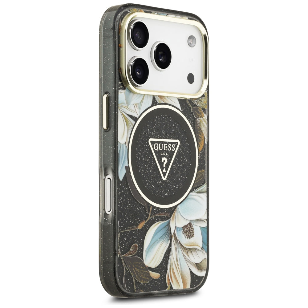 Coque MagSafe pour Apple iPhone 18 Pro Max / 17 Pro Max, Guess, IML Metal Glitter Flowers Triangle, noire