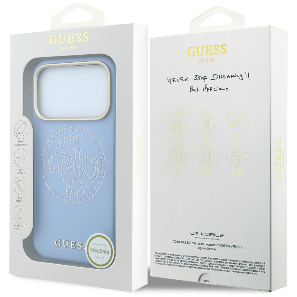 Coque MagSafe pour Apple iPhone 18 Pro Max / 17 Pro Max, Guess, Perforée 4G, Bleu