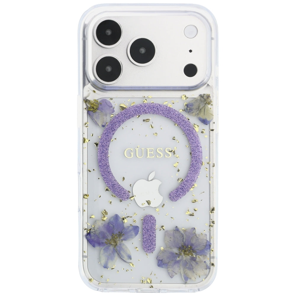 MagSafe-Hülle für Apple iPhone 18 Pro Max / 17 Pro Max, Guess, Harzblumen und Glitzer, Lila