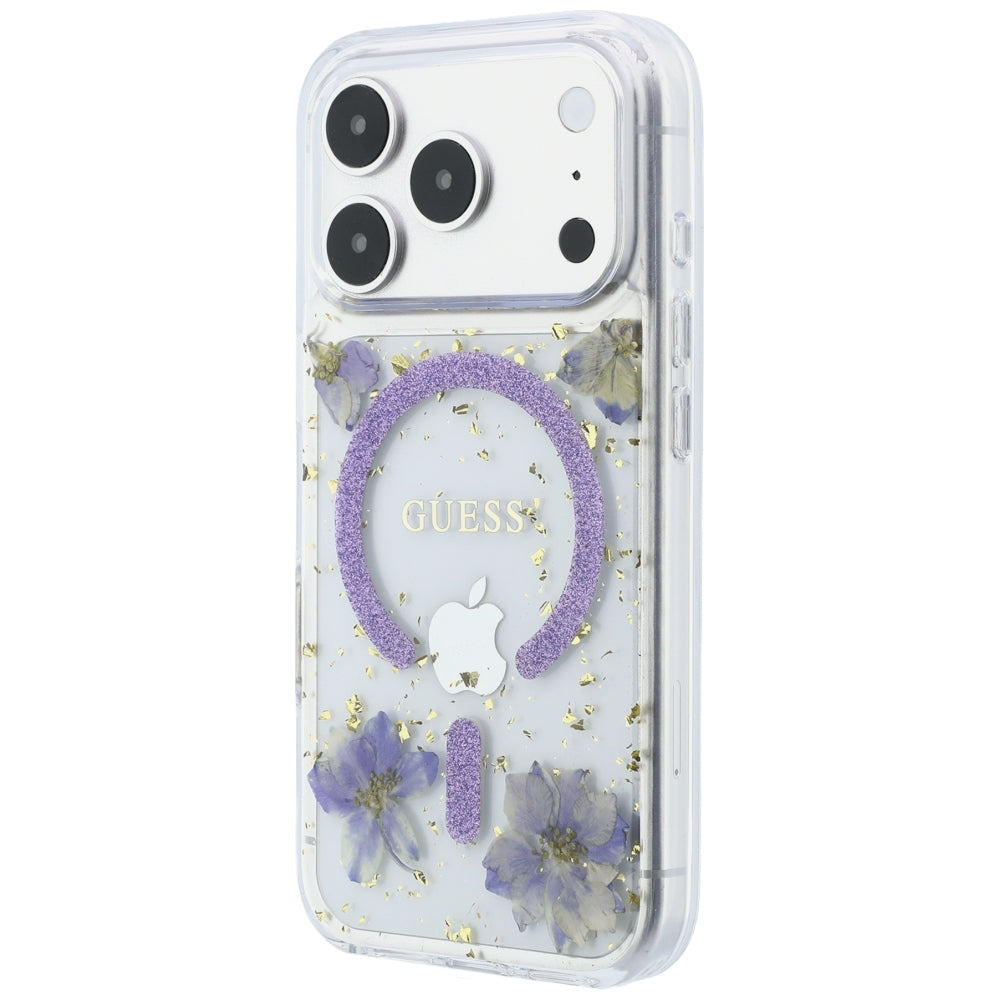 MagSafe-Hülle für Apple iPhone 18 Pro Max / 17 Pro Max, Guess, Harzblumen und Glitzer, Lila