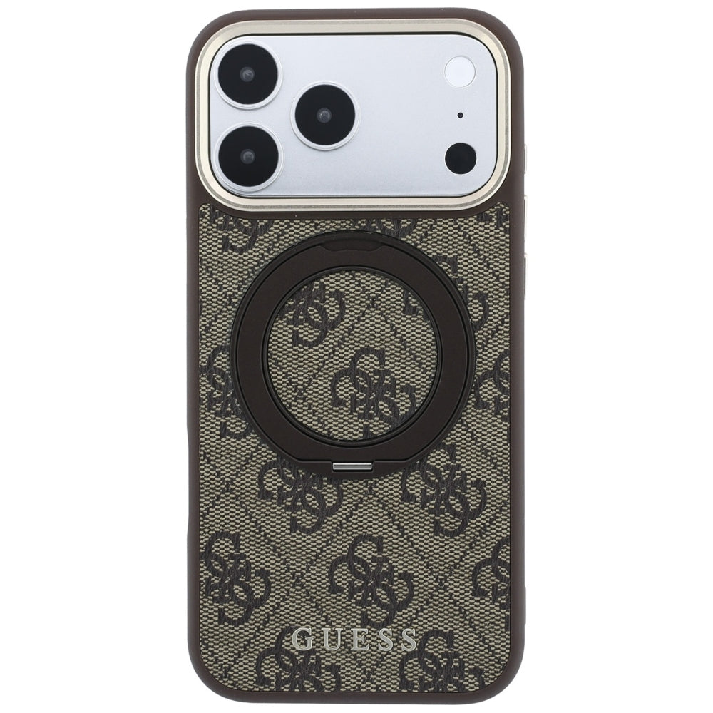 Coque MagSafe pour Apple iPhone 18 Pro Max / 17 Pro Max, Guess, Support Anneau 360 4G Logo Classique, Marron