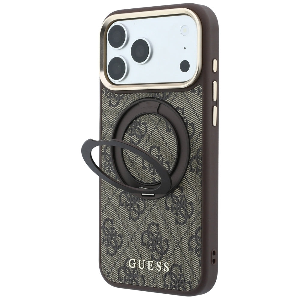 Coque MagSafe pour Apple iPhone 18 Pro Max / 17 Pro Max, Guess, Support Anneau 360 4G Logo Classique, Marron