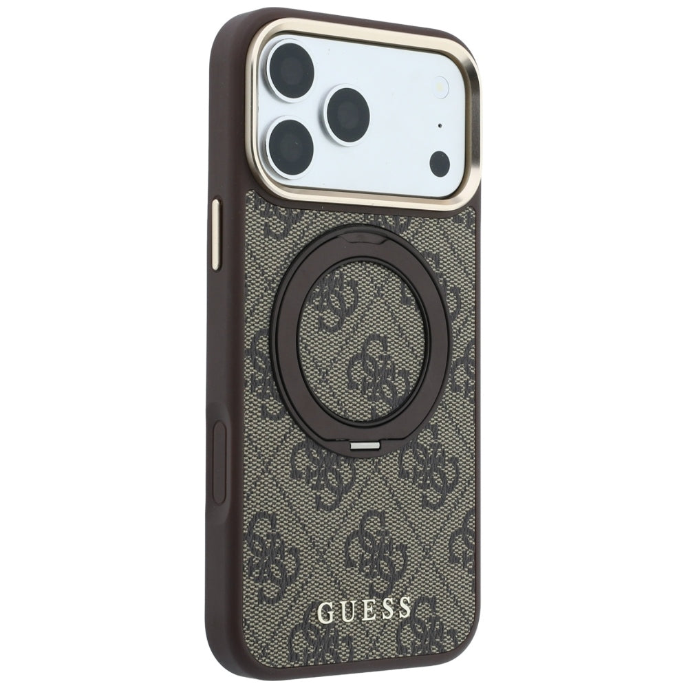 Coque MagSafe pour Apple iPhone 18 Pro Max / 17 Pro Max, Guess, Support Anneau 360 4G Logo Classique, Marron
