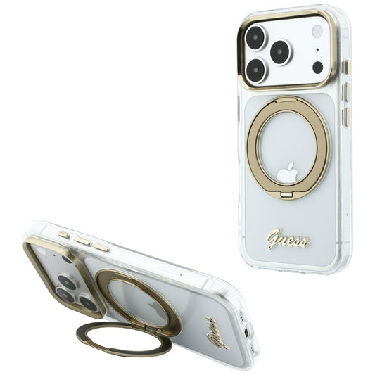 Coque MagSafe pour Apple iPhone 18 Pro Max / 17 Pro Max, Guess, Support Anneau Logo Métal Script, Transparente