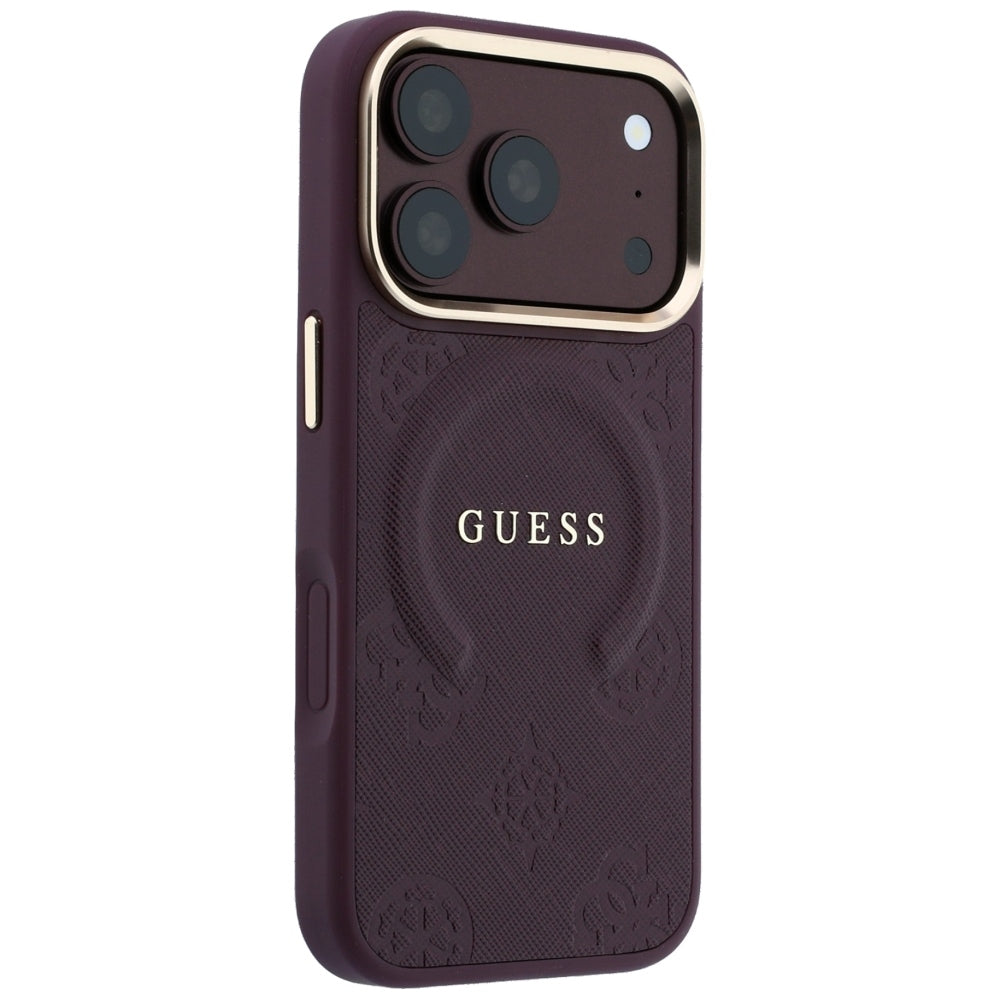 Coque MagSafe pour Apple iPhone 18 Pro Max / 17 Pro Max, Guess, Saffiano Peony Ring, Bordeaux