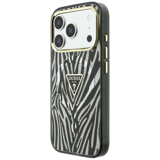 Coque MagSafe pour Apple iPhone 18 Pro Max / 17 Pro Max, Guess, Logo Triangle Paillettes Zèbre, Argentée
