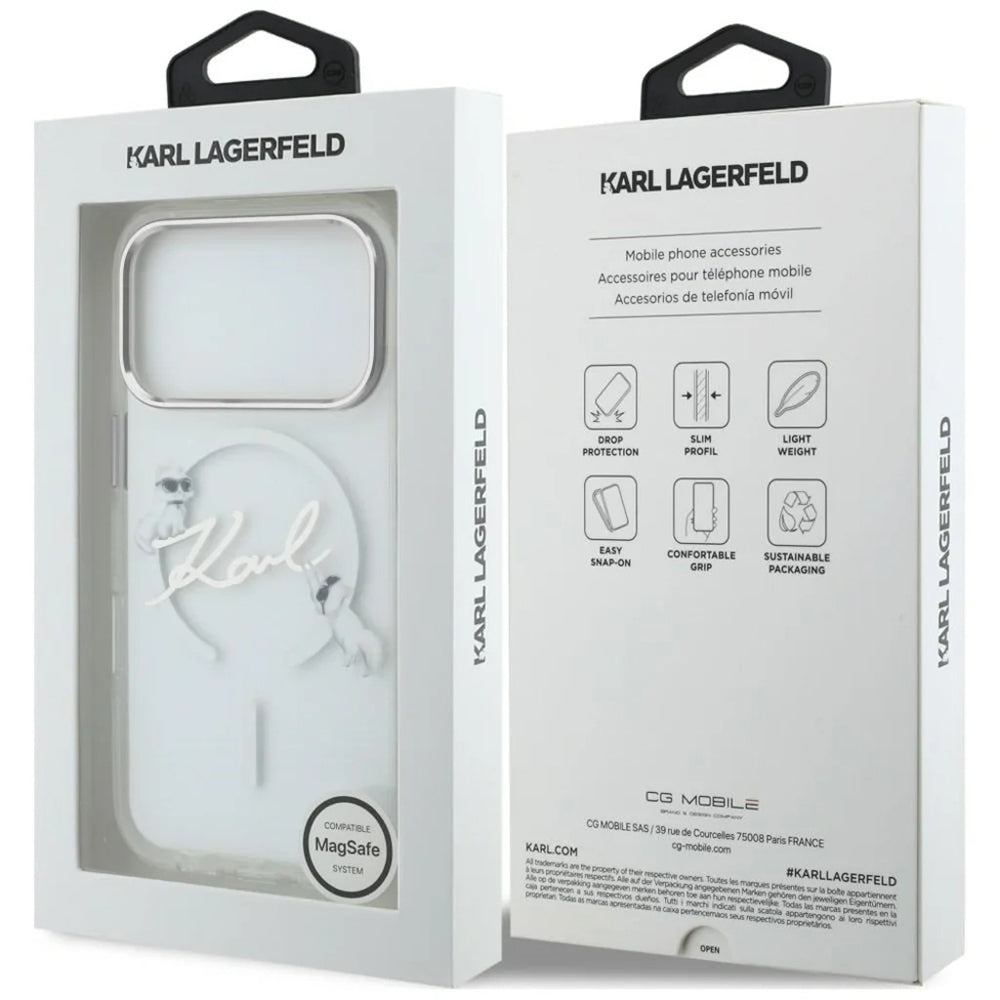 Coque MagSafe pour Apple iPhone 18 Pro Max / 17 Pro Max, Karl Lagerfeld, IML Choupette Karl Script Logo, Transparente