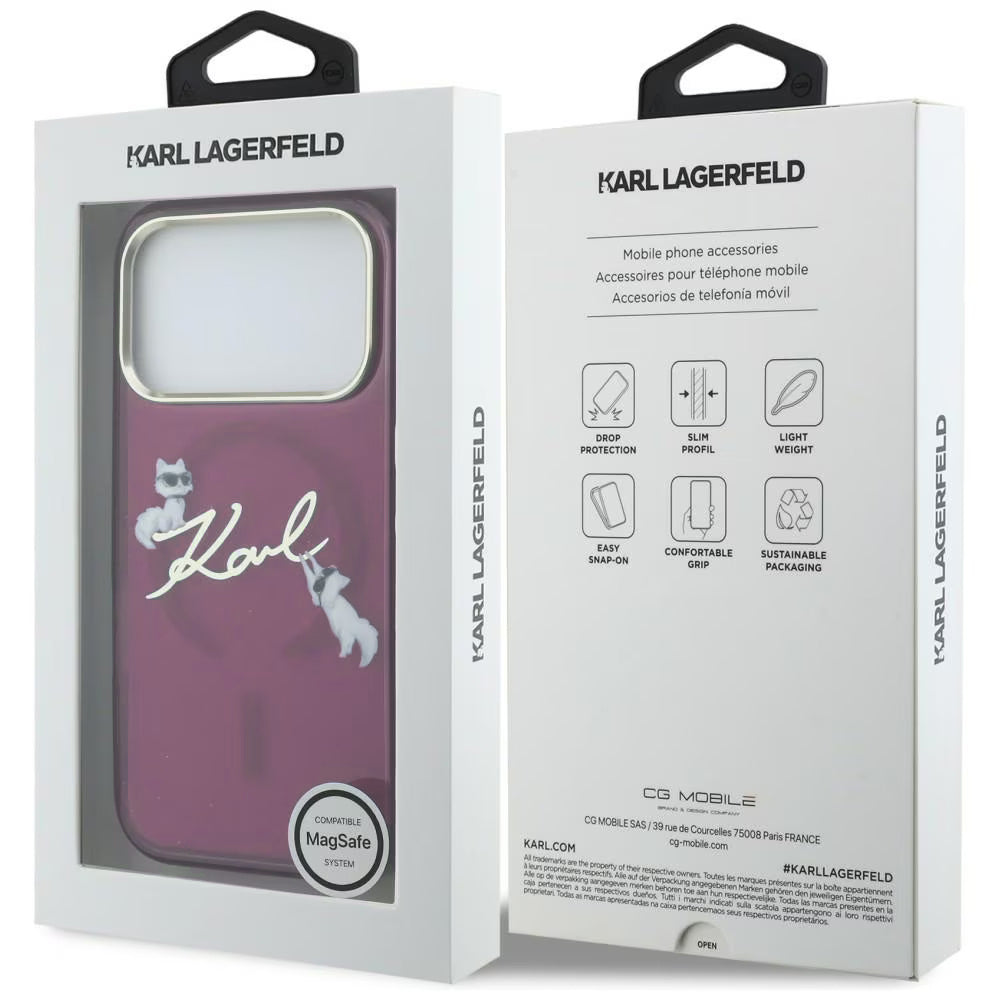 Coque MagSafe pour Apple iPhone 18 Pro Max / 17 Pro Max, Karl Lagerfeld, IML Choupette Karl Script Logo, Bordeaux