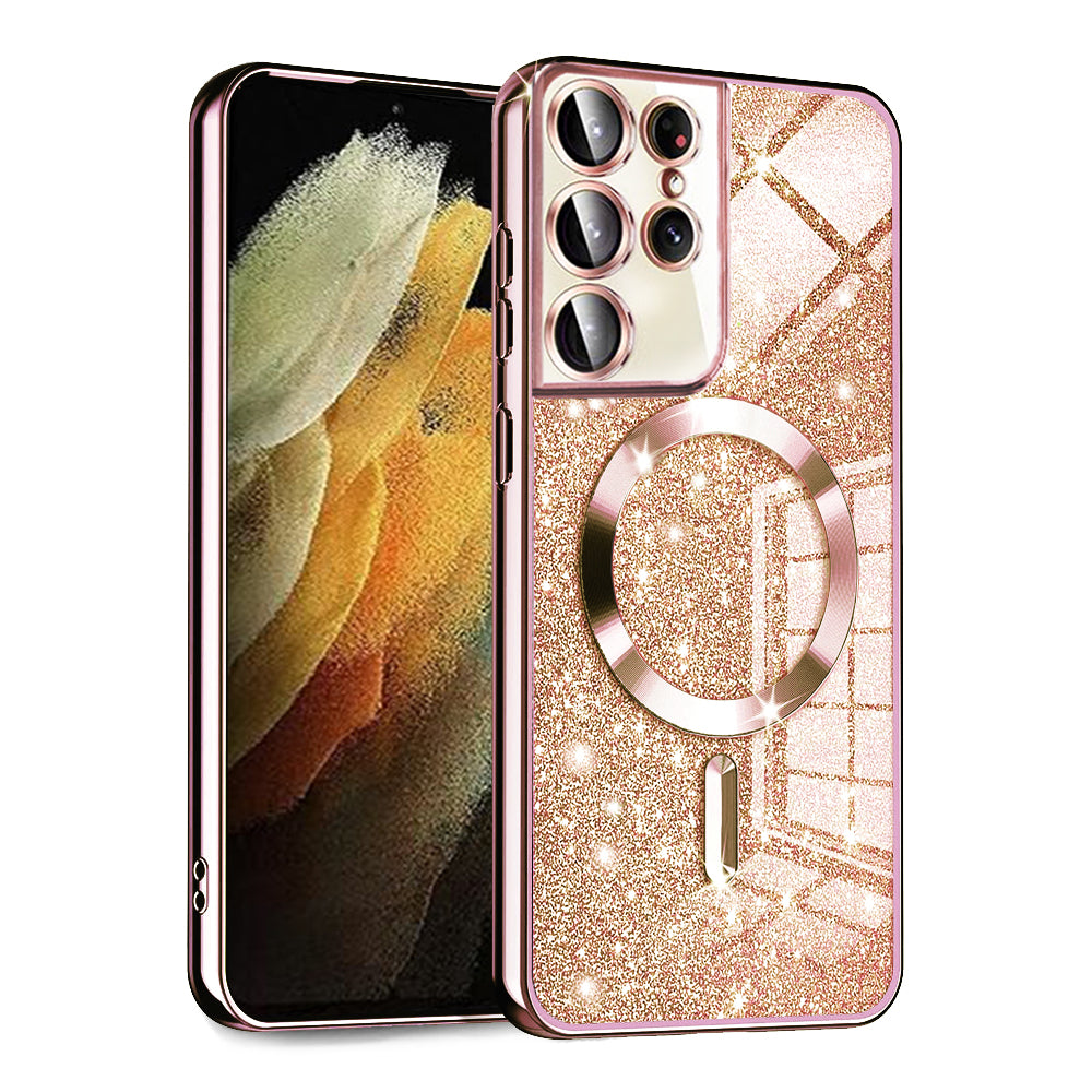 Coque MagSafe pour Samsung Galaxy S21 Ultra 5G G998, Techsuit, Luxury Glitter, Rose Doré