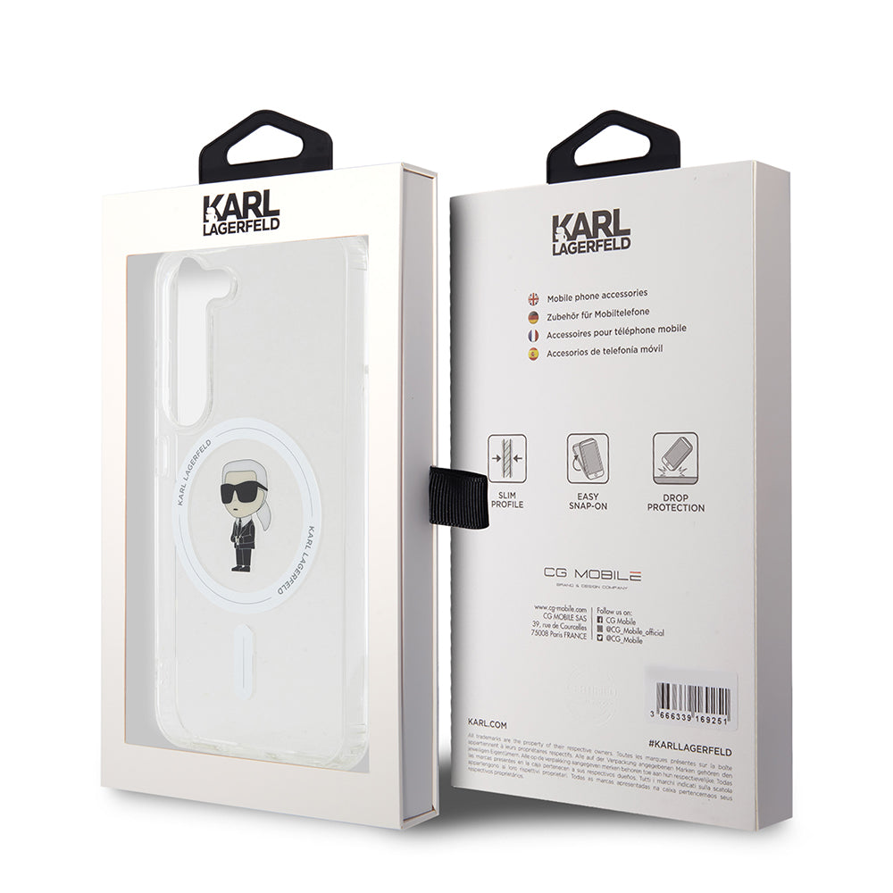 Étui MagSafe pour Samsung Galaxy S23 S911, Karl Lagerfeld, IML Ikonik Karl, Transparent