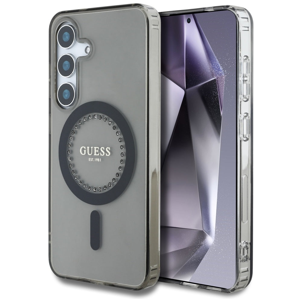 Coque MagSafe pour Samsung Galaxy S25 S931, Guess, IML Rhinestone, Noire