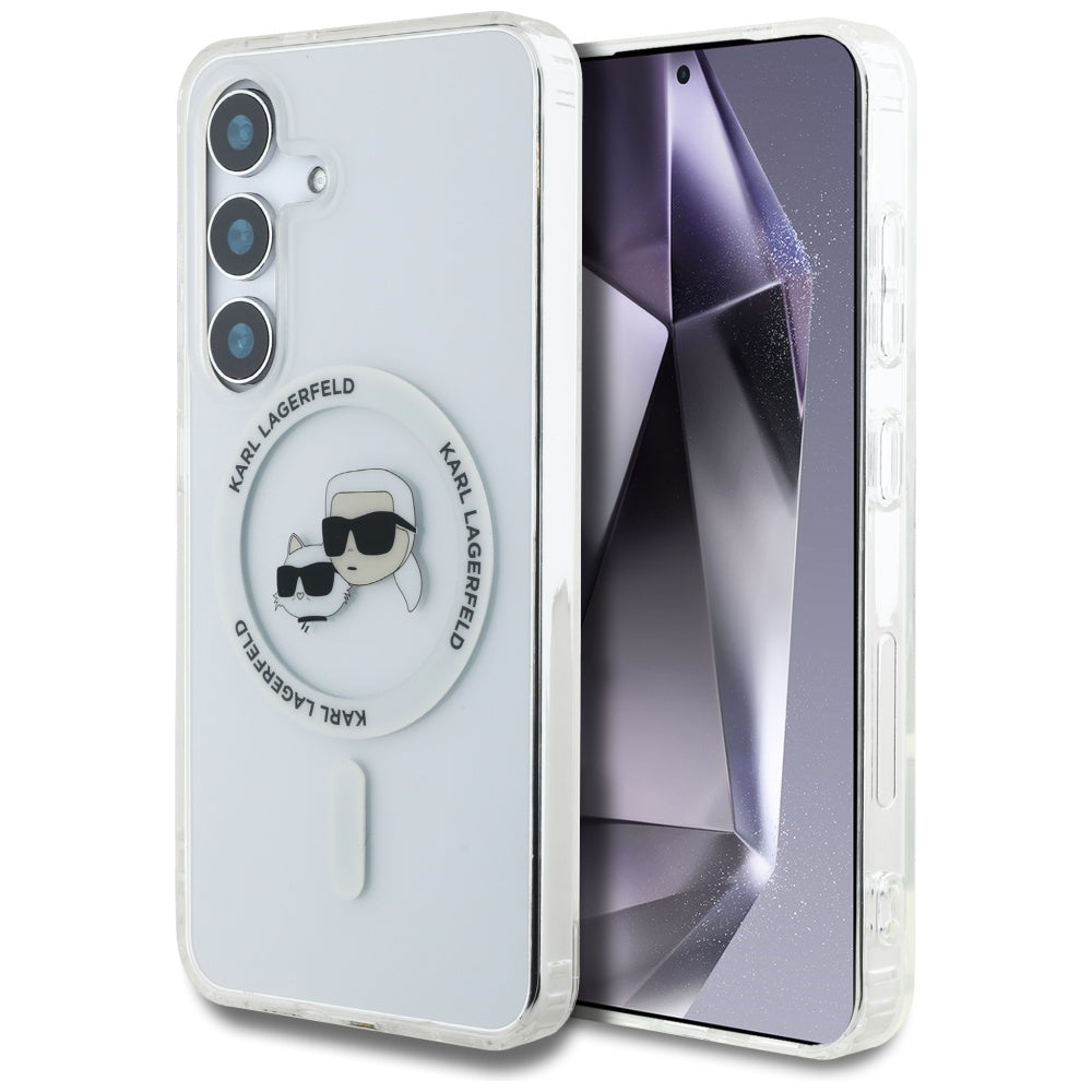 Étui MagSafe pour Samsung Galaxy S25 S931, Karl Lagerfeld, IML Metal Karl & Choupette's Heads, Blanc.