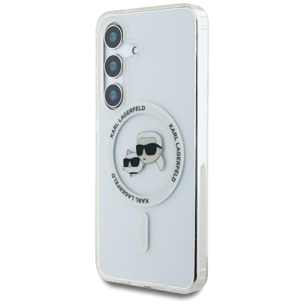 Étui MagSafe pour Samsung Galaxy S25 S931, Karl Lagerfeld, IML Metal Karl & Choupette's Heads, Blanc.