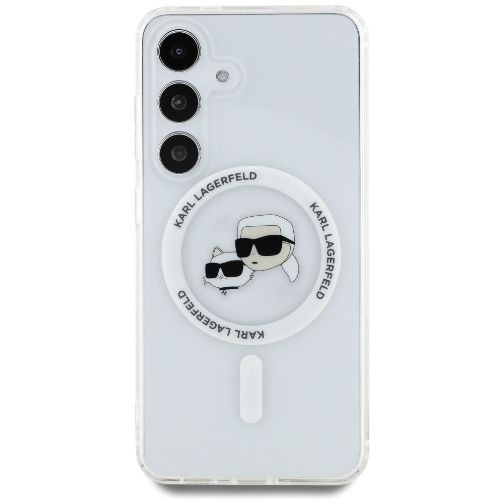 Étui MagSafe pour Samsung Galaxy S25 S931, Karl Lagerfeld, IML Metal Karl & Choupette's Heads, Blanc.