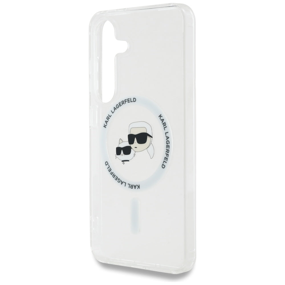 Étui MagSafe pour Samsung Galaxy S25 S931, Karl Lagerfeld, IML Metal Karl & Choupette's Heads, Blanc.