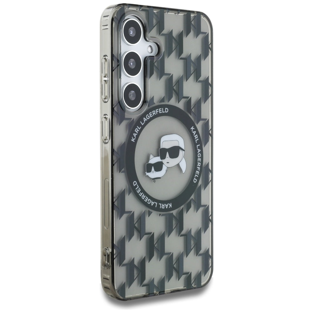 Étui MagSafe pour Samsung Galaxy S25 S931, Karl Lagerfeld, IML Monogramme Karl & Têtes de Choupette, Noir