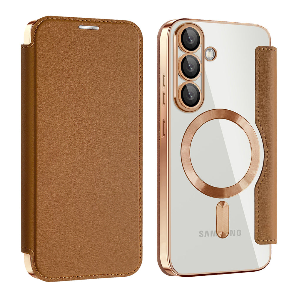 Coque MagSafe pour Samsung Galaxy S25 S931, Techsuit, SmartMag Book, Marron