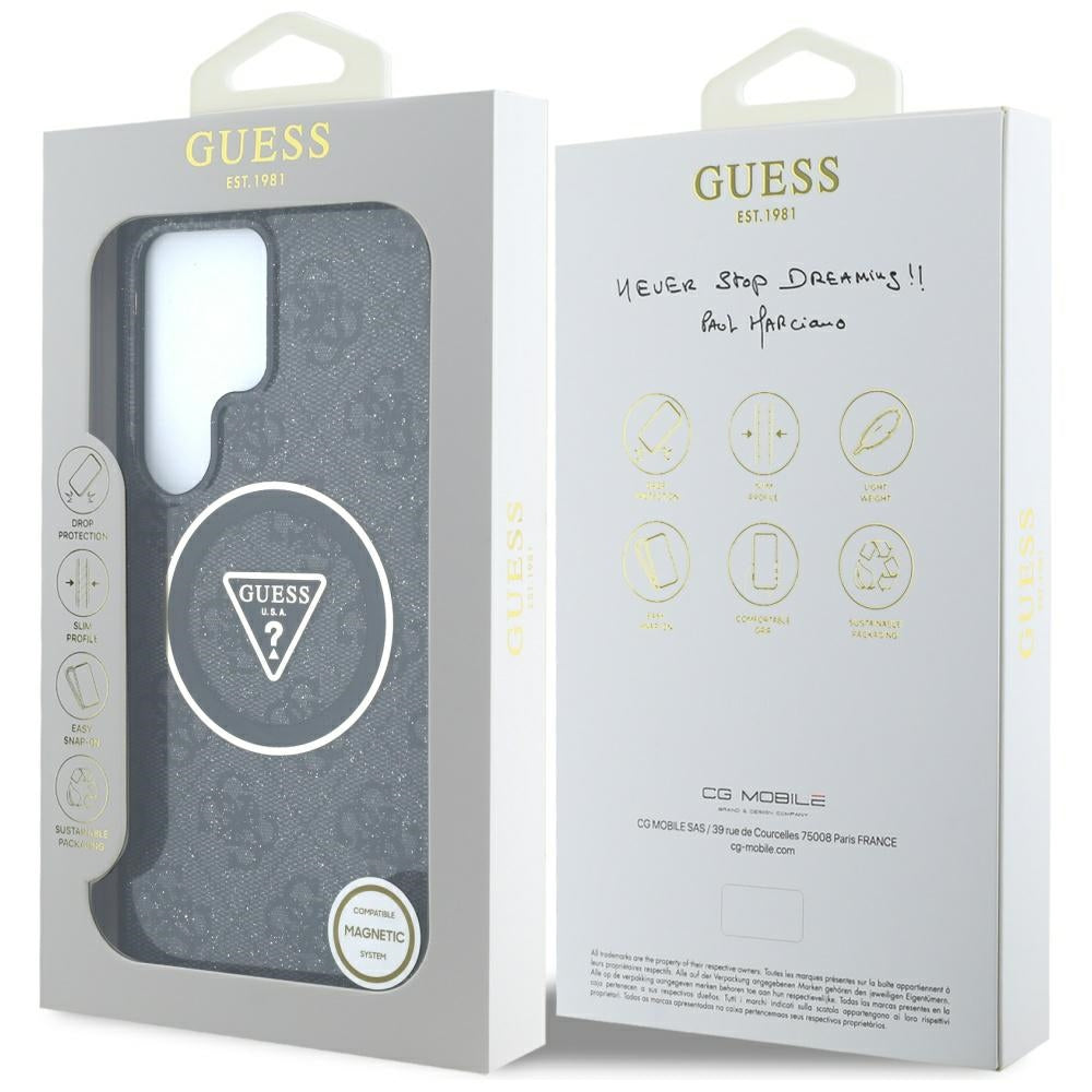 Coque MagSafe pour Samsung Galaxy S25 Ultra S938, Guess, IML Glitter 4G Circle Triangle, Noire