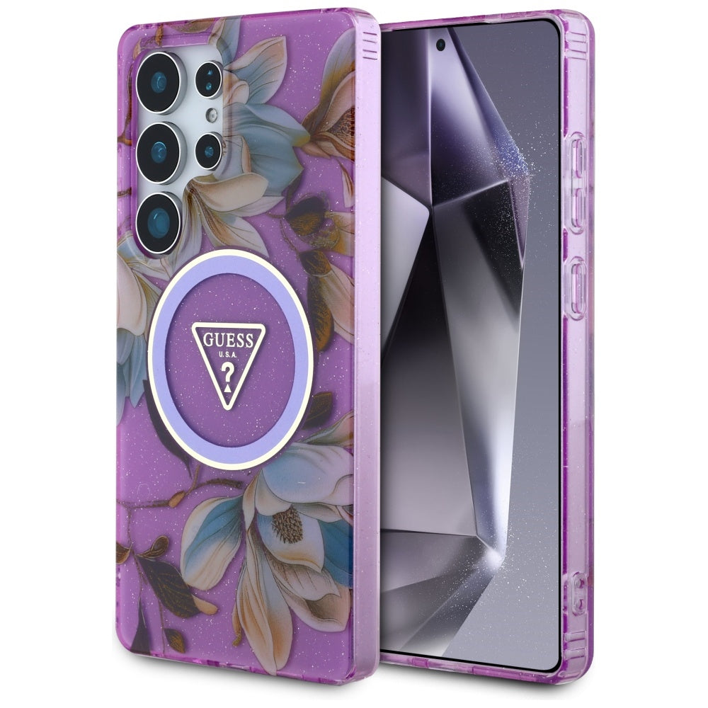 MagSafe hoesje voor Samsung Galaxy S25 Ultra S938, Guess, IML Metal Glitter Flowers Triangle, Paars