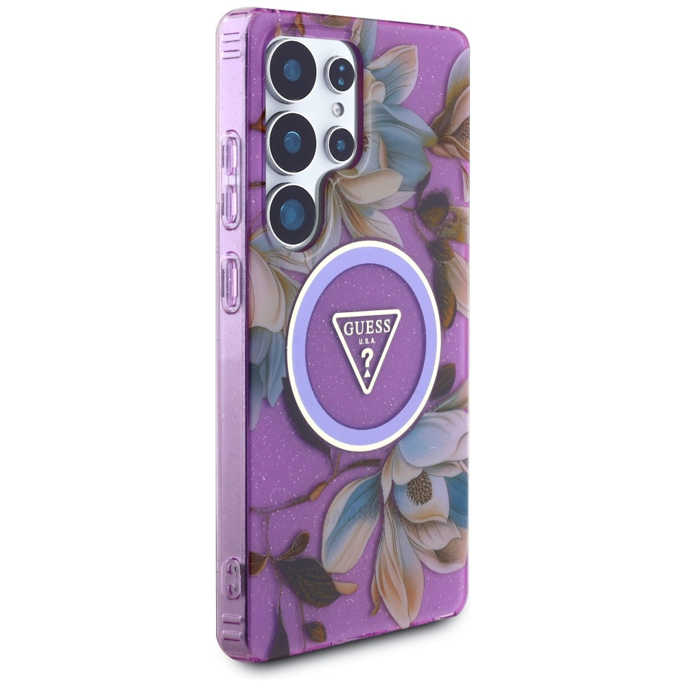 MagSafe hoesje voor Samsung Galaxy S25 Ultra S938, Guess, IML Metal Glitter Flowers Triangle, Paars