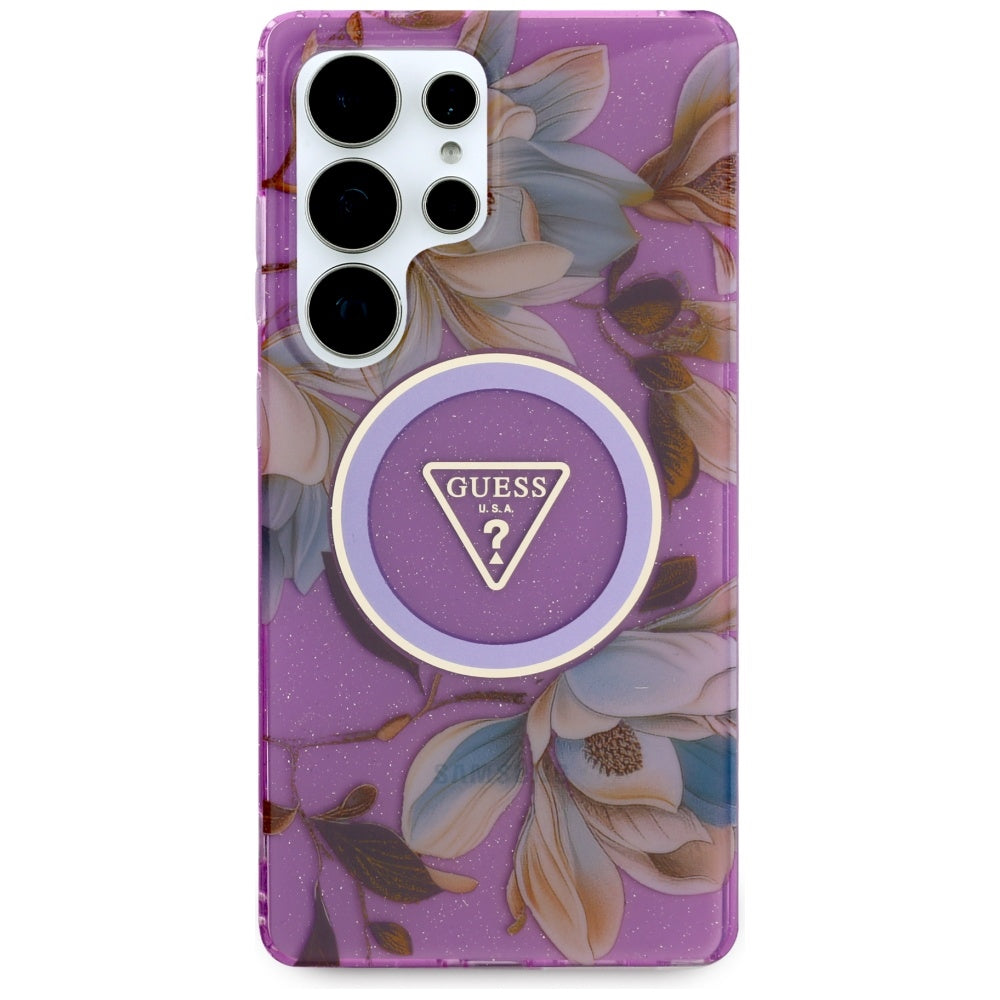 MagSafe hoesje voor Samsung Galaxy S25 Ultra S938, Guess, IML Metal Glitter Flowers Triangle, Paars